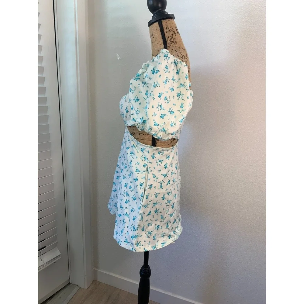 (E-131)ZARA Womens Floral Mini Dress Size M Blue White Puff Sleeve Cut Out Summe